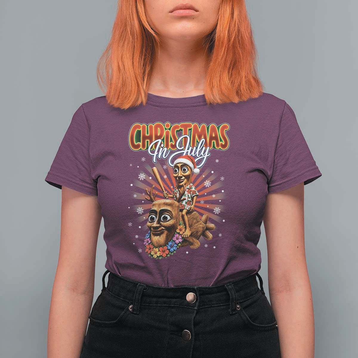 Christmas In July Tung Tung Tung TTT Sahur Cursed Meme T Shirt For Women Funny Ironic Tropical Summer Hawaiian Holiday Surreal