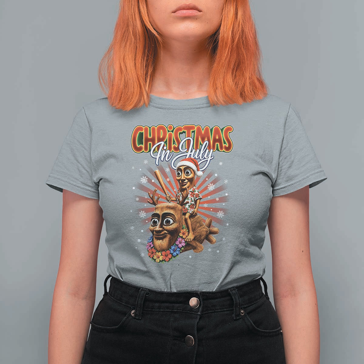 Christmas In July Tung Tung Tung TTT Sahur Cursed Meme T Shirt For Women Funny Ironic Tropical Summer Hawaiian Holiday Surreal