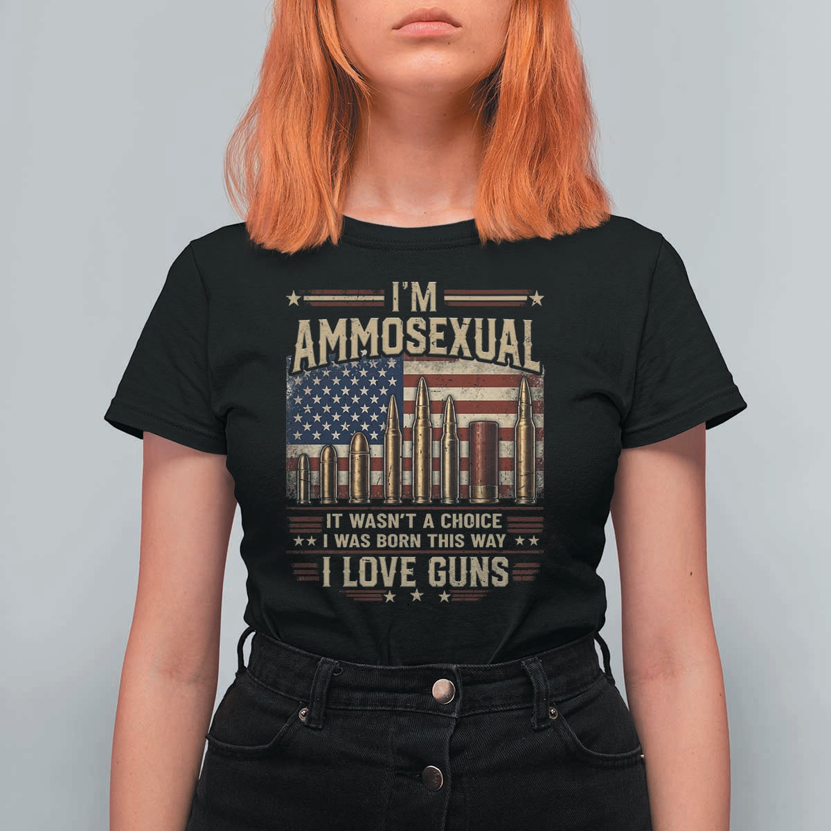 Funny Patriotic Second Amendment Humor American Flag T Shirt For Women Im Ammosexual I Love Guns Owners Veterans