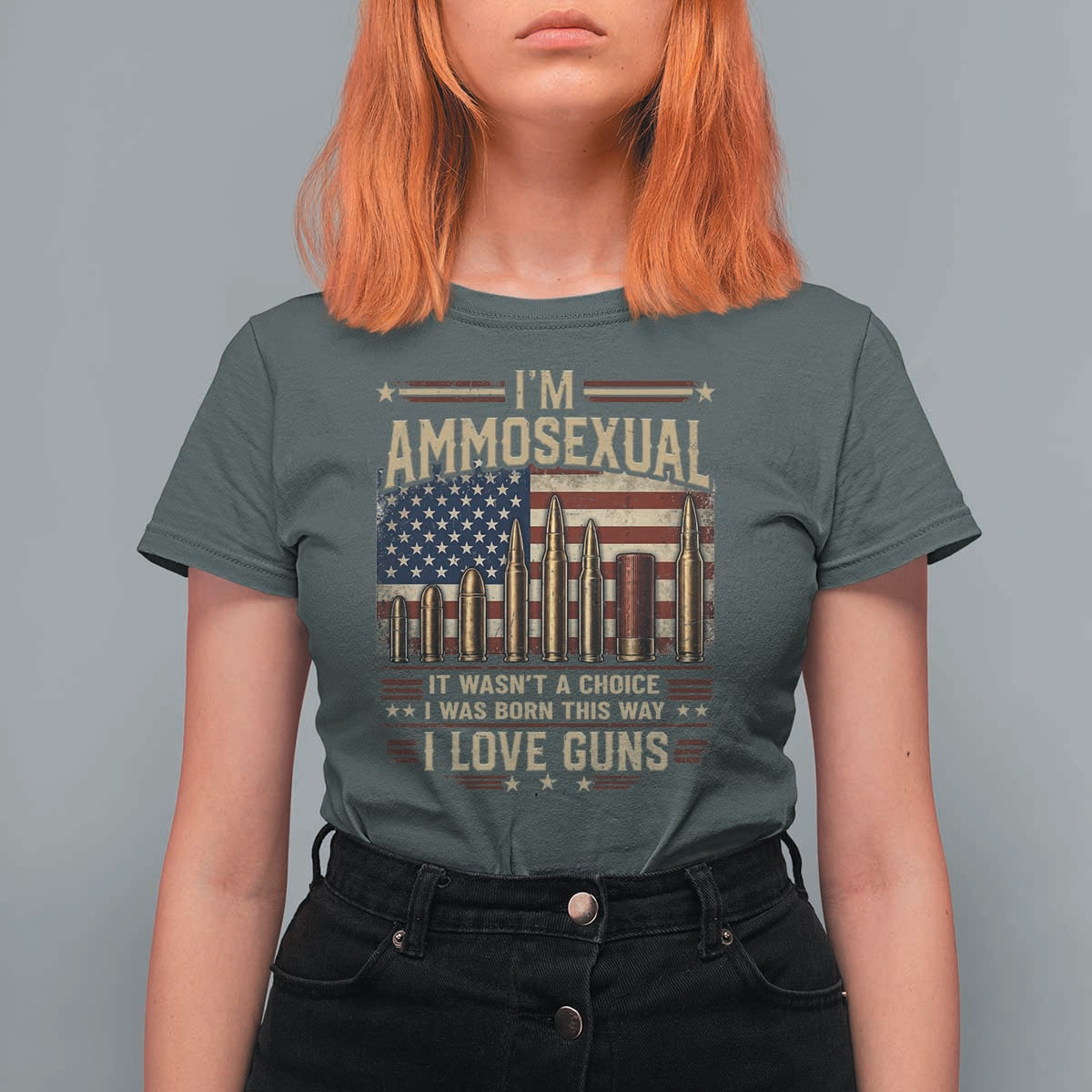 Funny Patriotic Second Amendment Humor American Flag T Shirt For Women Im Ammosexual I Love Guns Owners Veterans