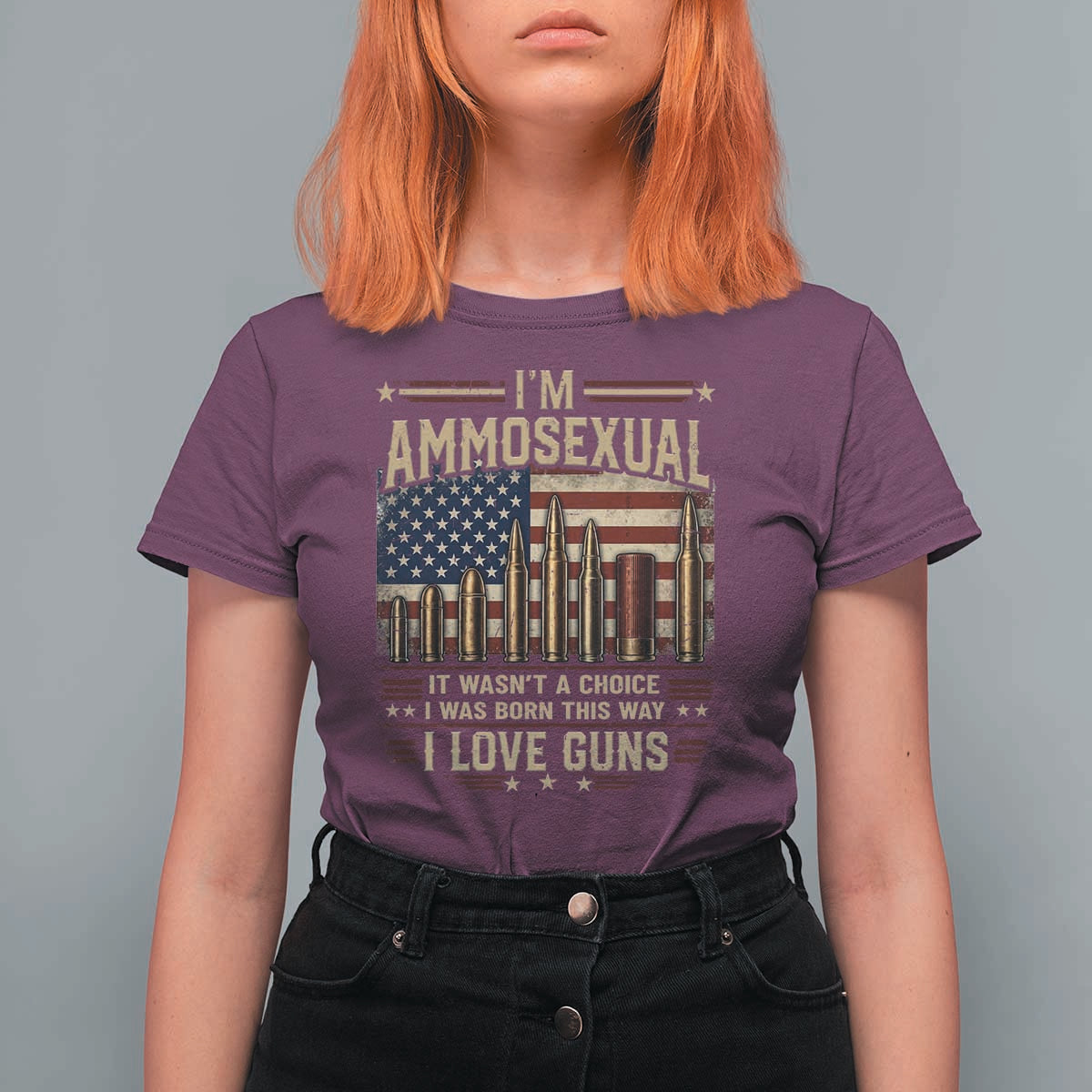 Funny Patriotic Second Amendment Humor American Flag T Shirt For Women Im Ammosexual I Love Guns Owners Veterans