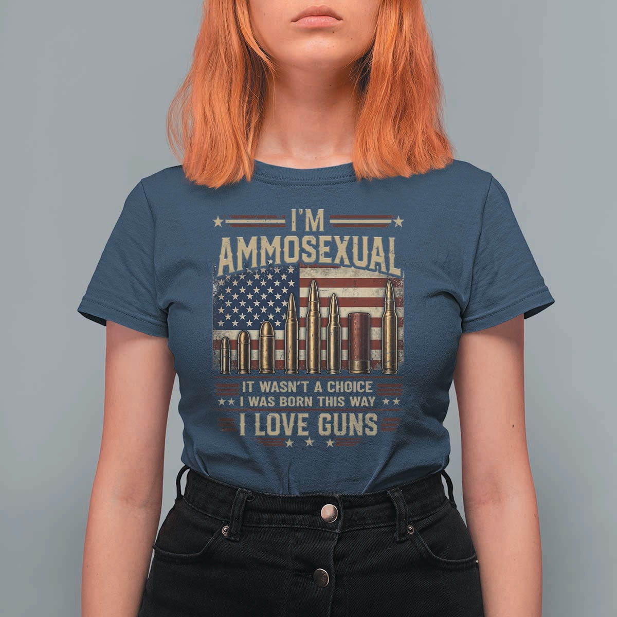 Funny Patriotic Second Amendment Humor American Flag T Shirt For Women Im Ammosexual I Love Guns Owners Veterans