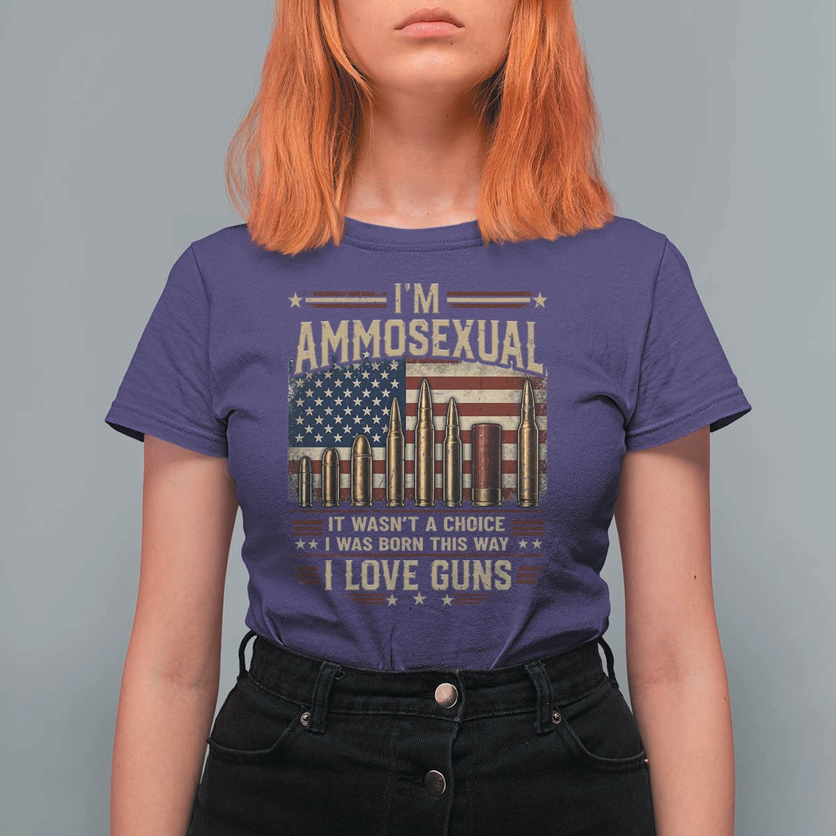 Funny Patriotic Second Amendment Humor American Flag T Shirt For Women Im Ammosexual I Love Guns Owners Veterans
