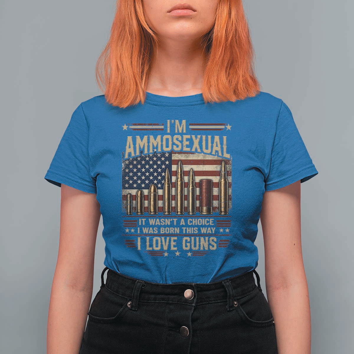 Funny Patriotic Second Amendment Humor American Flag T Shirt For Women Im Ammosexual I Love Guns Owners Veterans