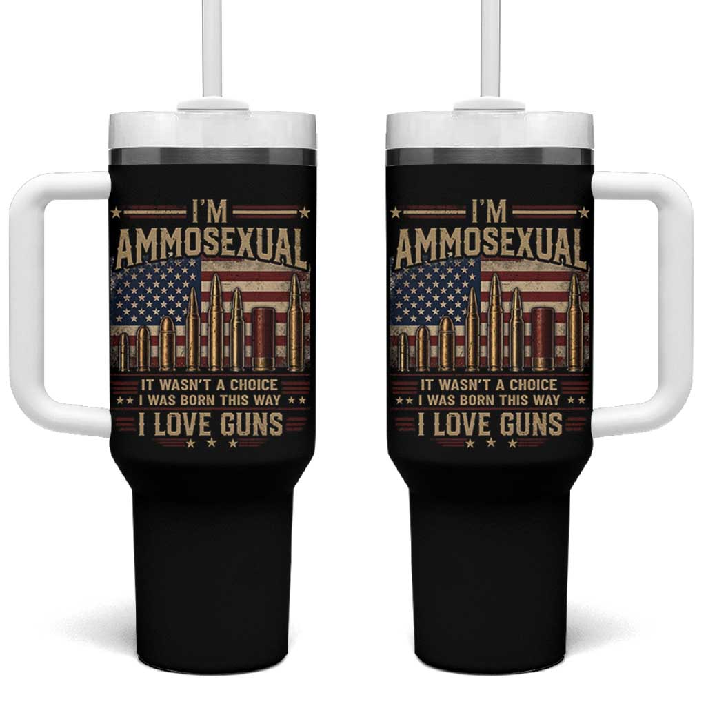 Funny Patriotic Second Amendment Humor American Flag Tumbler With Handle Im Ammosexual I Love Guns Owners Veterans