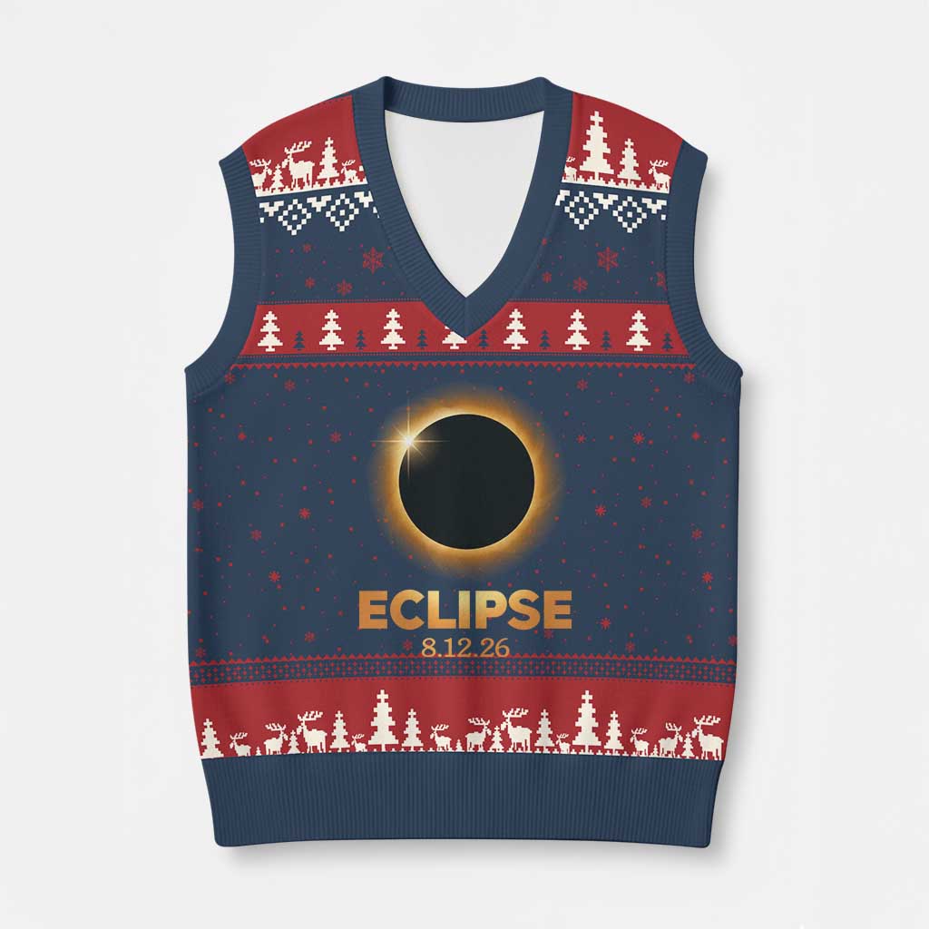 2026 Total Solar Eclipse V-Neck Knit Sweater Vest August 12 Totality Astronomy Souvenir