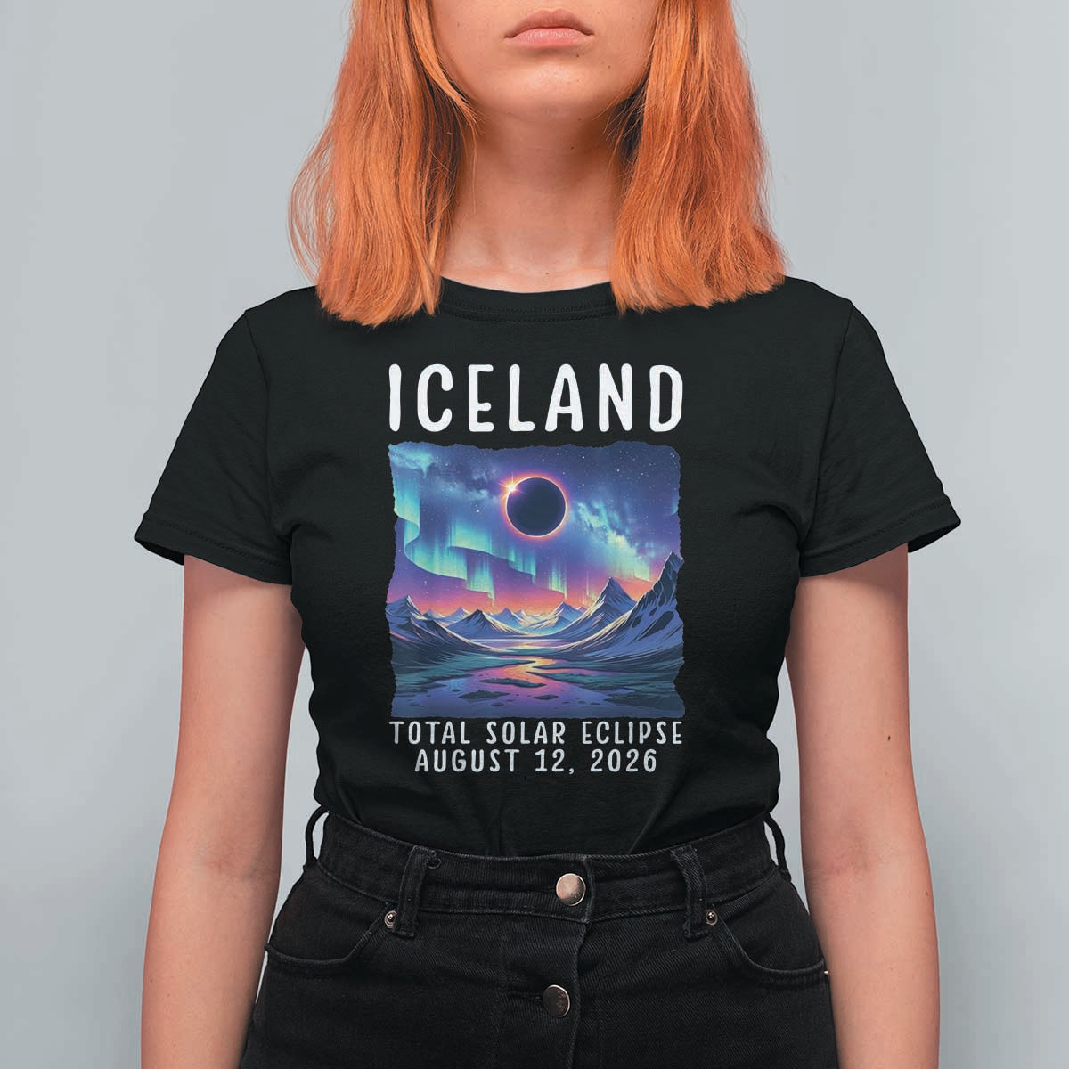 Iceland Total Solar Eclipse 2026 Aurora T Shirt For Women Totality Northern Lights Astronomy Travel Gift
