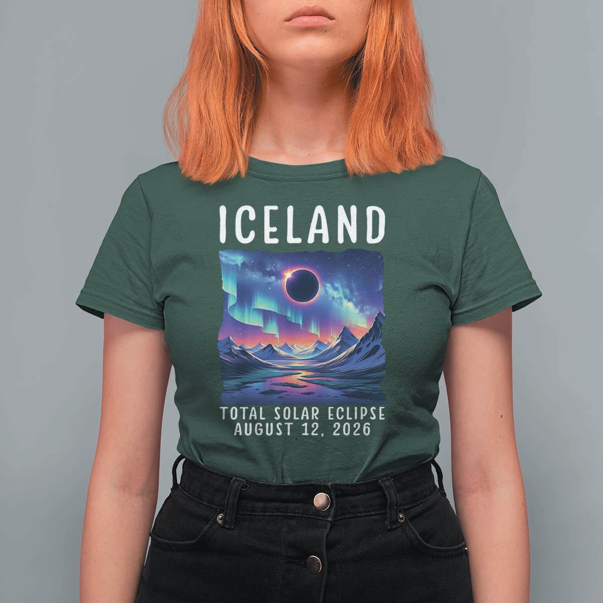 Iceland Total Solar Eclipse 2026 Aurora T Shirt For Women Totality Northern Lights Astronomy Travel Gift