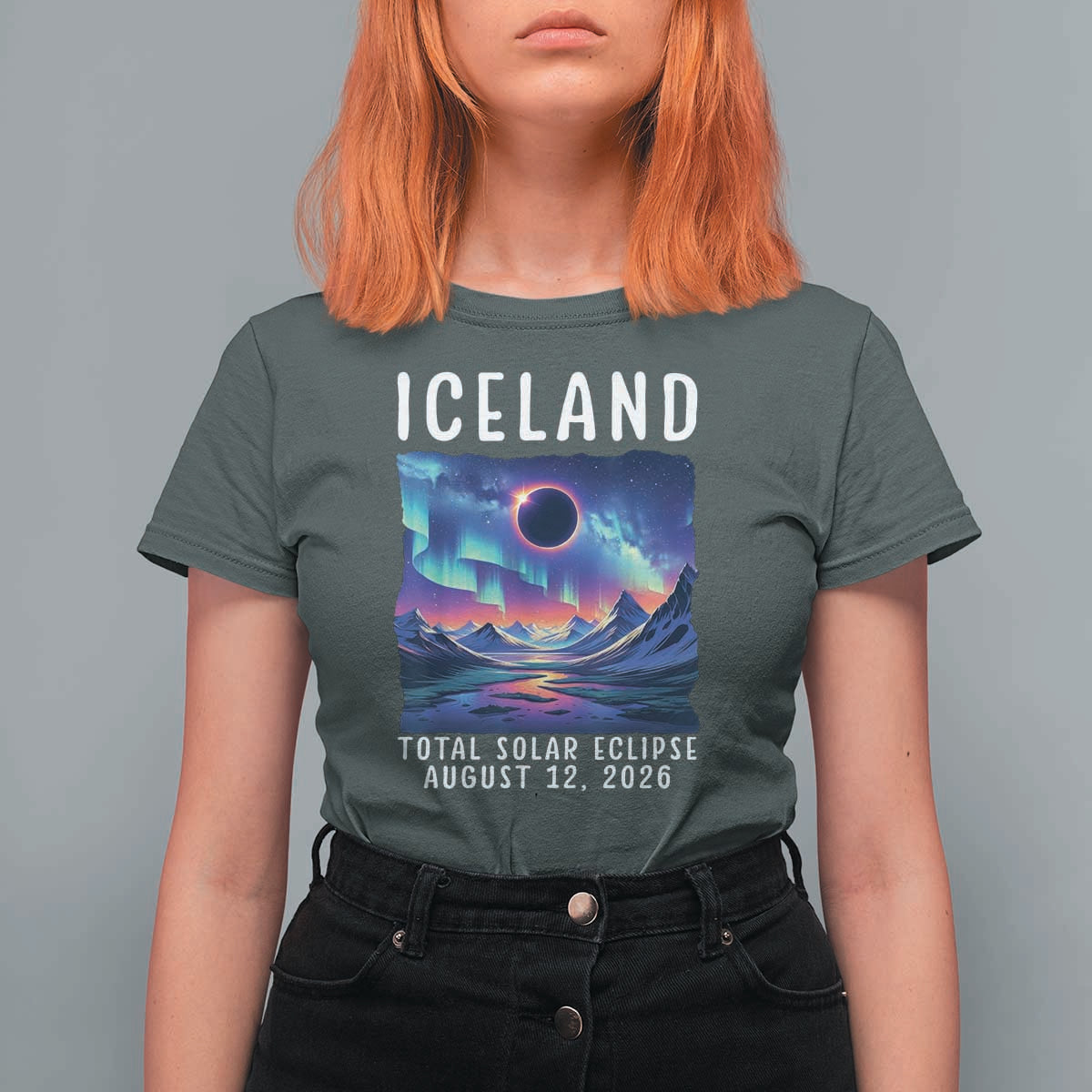 Iceland Total Solar Eclipse 2026 Aurora T Shirt For Women Totality Northern Lights Astronomy Travel Gift