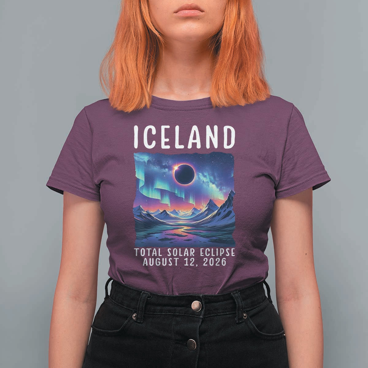 Iceland Total Solar Eclipse 2026 Aurora T Shirt For Women Totality Northern Lights Astronomy Travel Gift