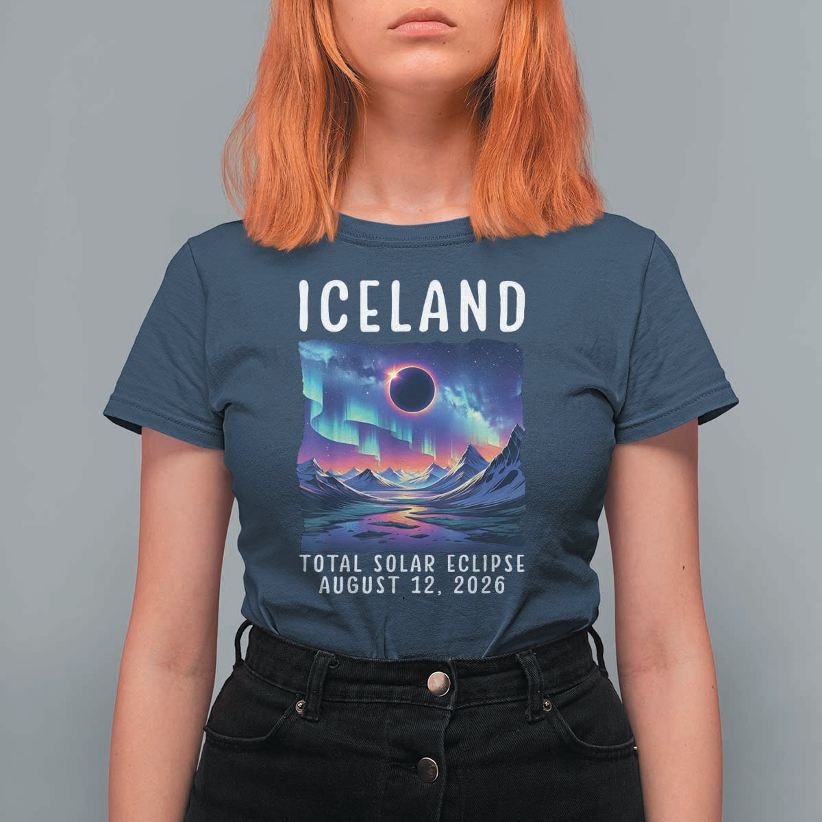 Iceland Total Solar Eclipse 2026 Aurora T Shirt For Women Totality Northern Lights Astronomy Travel Gift