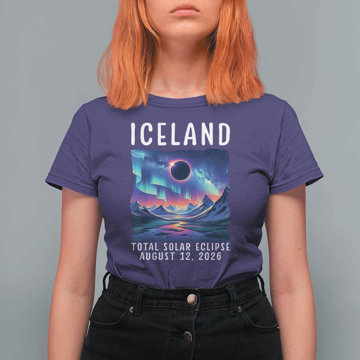 Iceland Total Solar Eclipse 2026 Aurora T Shirt For Women Totality Northern Lights Astronomy Travel Gift