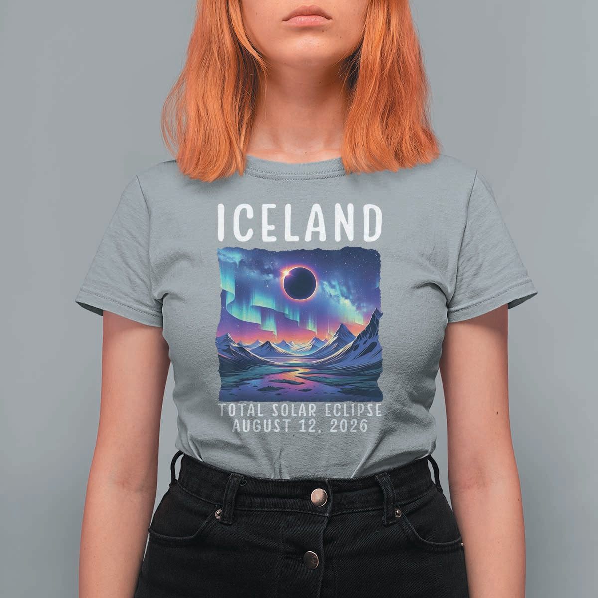 Iceland Total Solar Eclipse 2026 Aurora T Shirt For Women Totality Northern Lights Astronomy Travel Gift