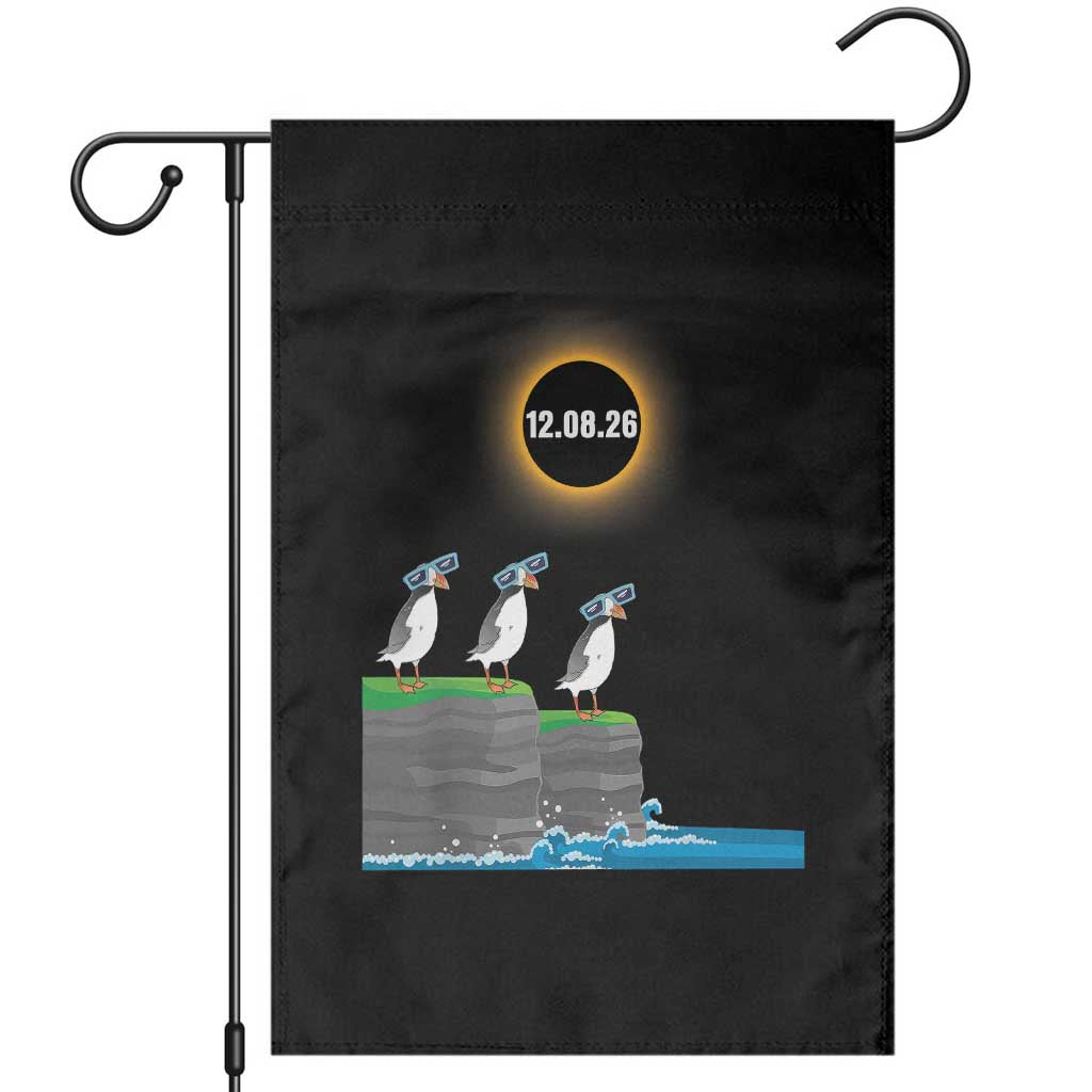 Cute Cartoon Puffins 2026 Total Solar Eclipse Garden Flag August 12 Totality Funny Astronomy Gift