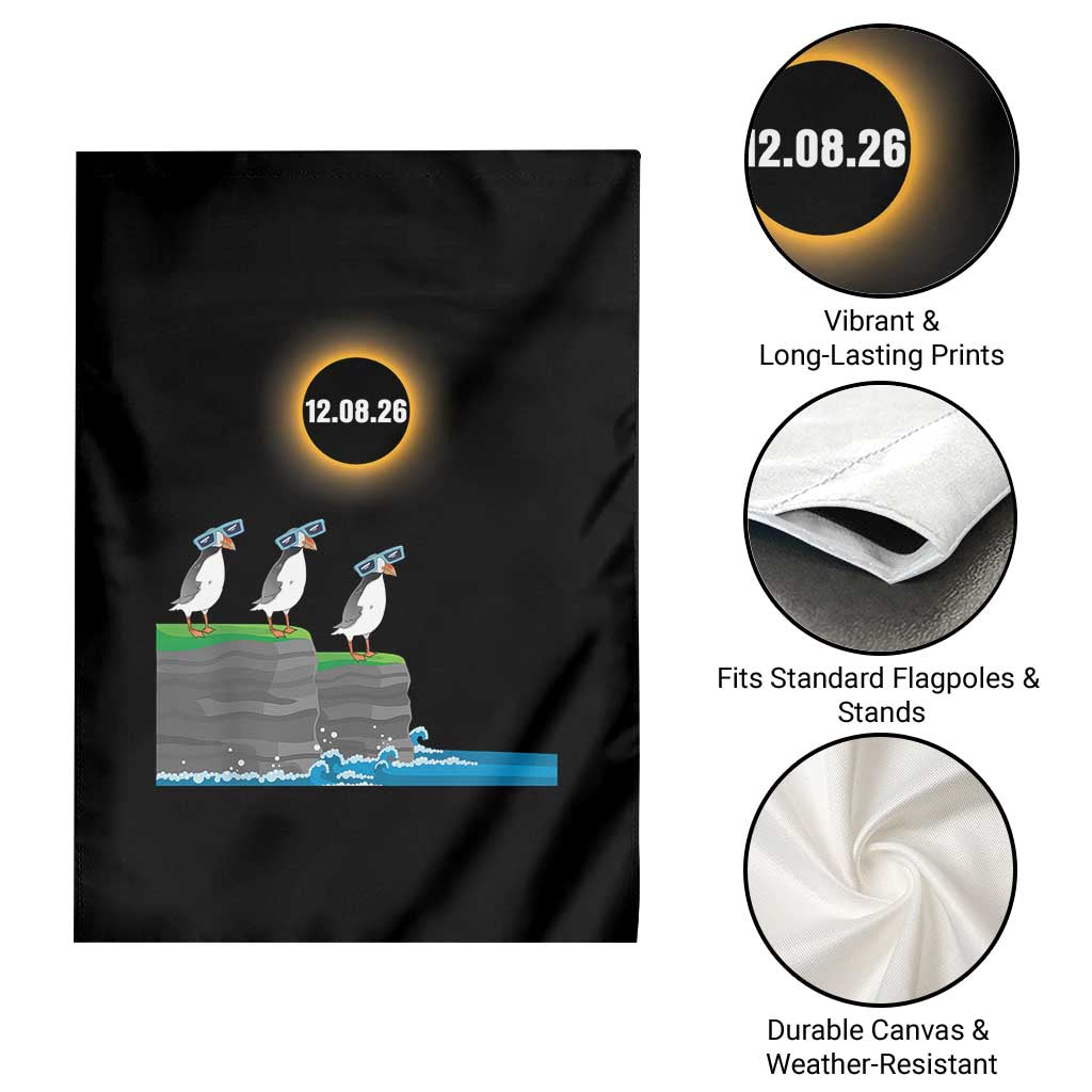 Cute Cartoon Puffins 2026 Total Solar Eclipse Garden Flag August 12 Totality Funny Astronomy Gift