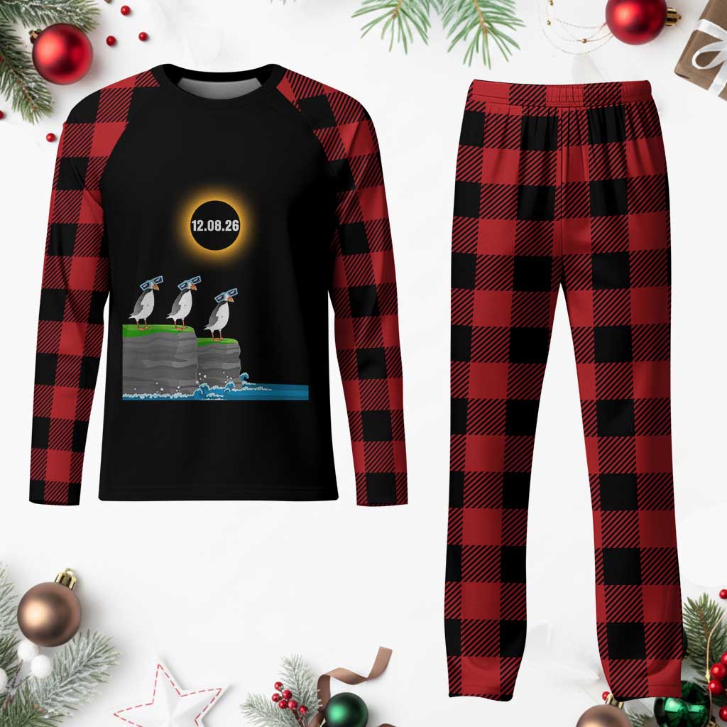 Cute Cartoon Puffins 2026 Total Solar Eclipse Plaid Pajama Set August 12 Totality Funny Astronomy Gift
