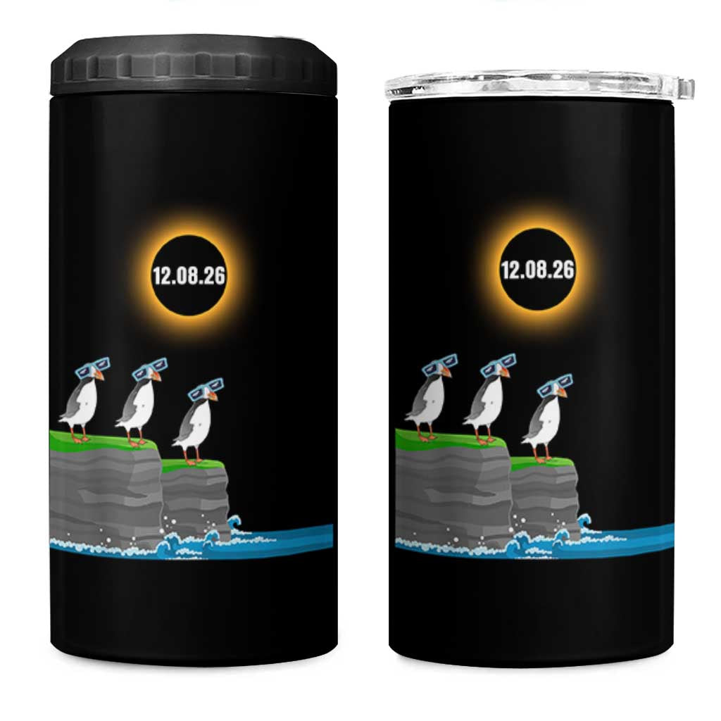 Cute Cartoon Puffins 2026 Total Solar Eclipse 4 in 1 Can Cooler Tumbler August 12 Totality Funny Astronomy Gift