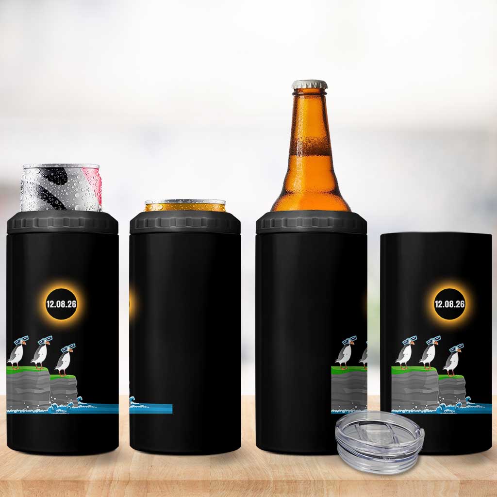 Cute Cartoon Puffins 2026 Total Solar Eclipse 4 in 1 Can Cooler Tumbler August 12 Totality Funny Astronomy Gift