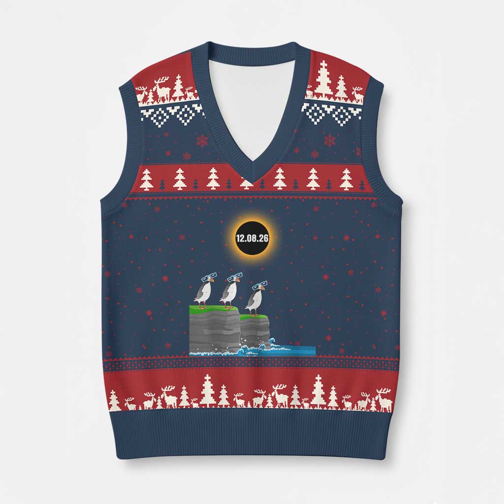 Cute Cartoon Puffins 2026 Total Solar Eclipse V-Neck Knit Sweater Vest August 12 Totality Funny Astronomy Gift