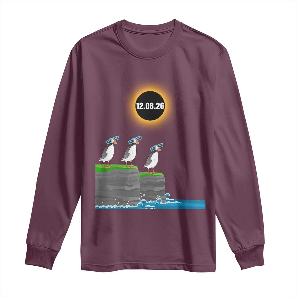 Cute Cartoon Puffins 2026 Total Solar Eclipse Long Sleeve Shirt August 12 Totality Funny Astronomy Gift