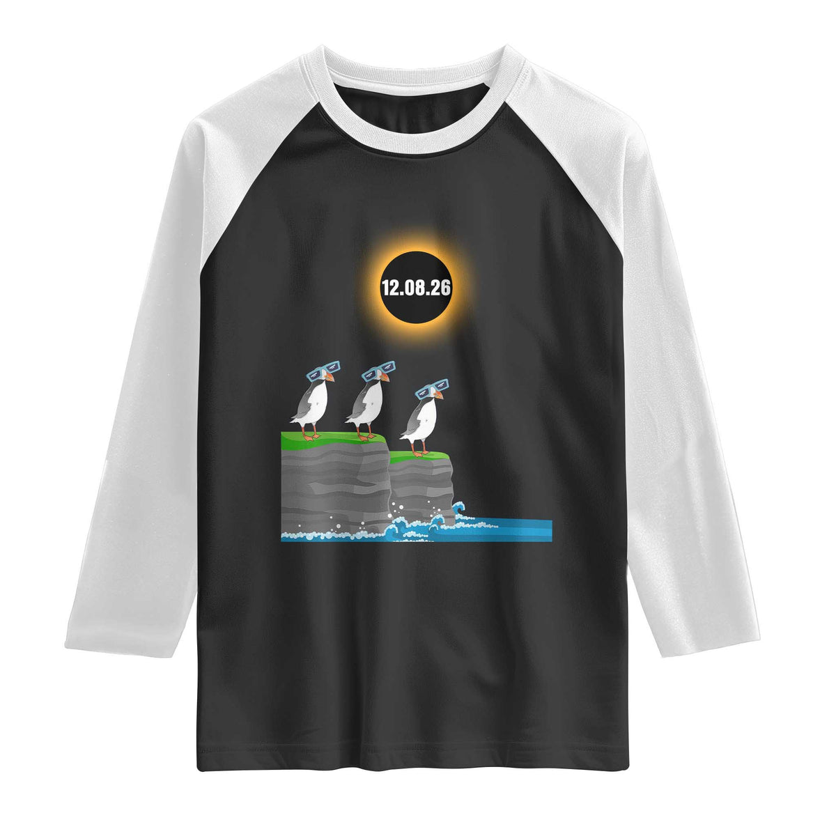 Cute Cartoon Puffins 2026 Total Solar Eclipse Raglan Shirt August 12 Totality Funny Astronomy Gift