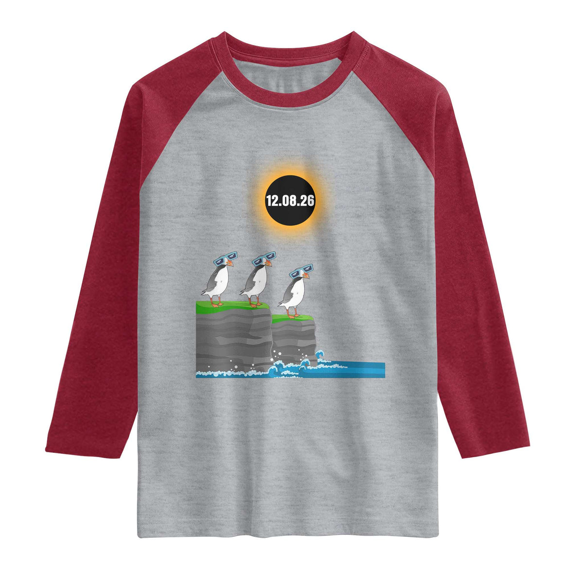 Cute Cartoon Puffins 2026 Total Solar Eclipse Raglan Shirt August 12 Totality Funny Astronomy Gift