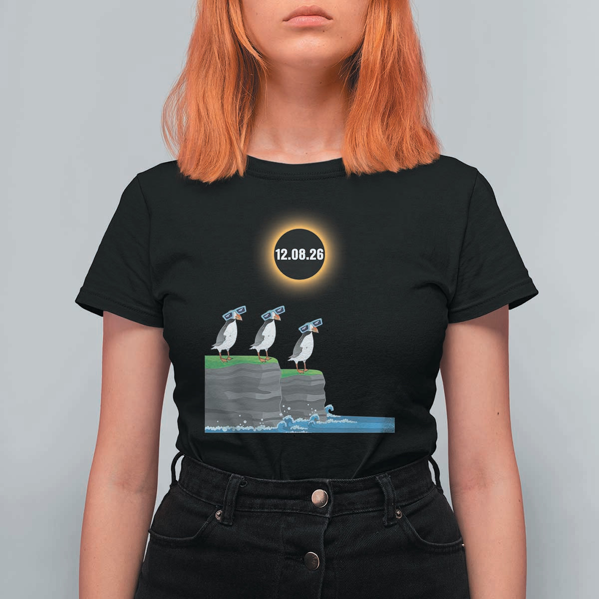 Cute Cartoon Puffins 2026 Total Solar Eclipse T Shirt For Women August 12 Totality Funny Astronomy Gift