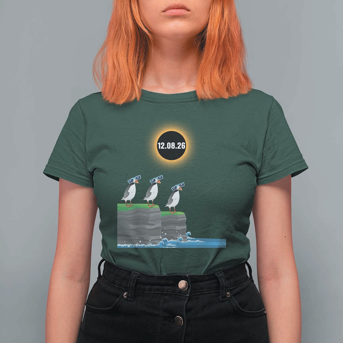 Cute Cartoon Puffins 2026 Total Solar Eclipse T Shirt For Women August 12 Totality Funny Astronomy Gift