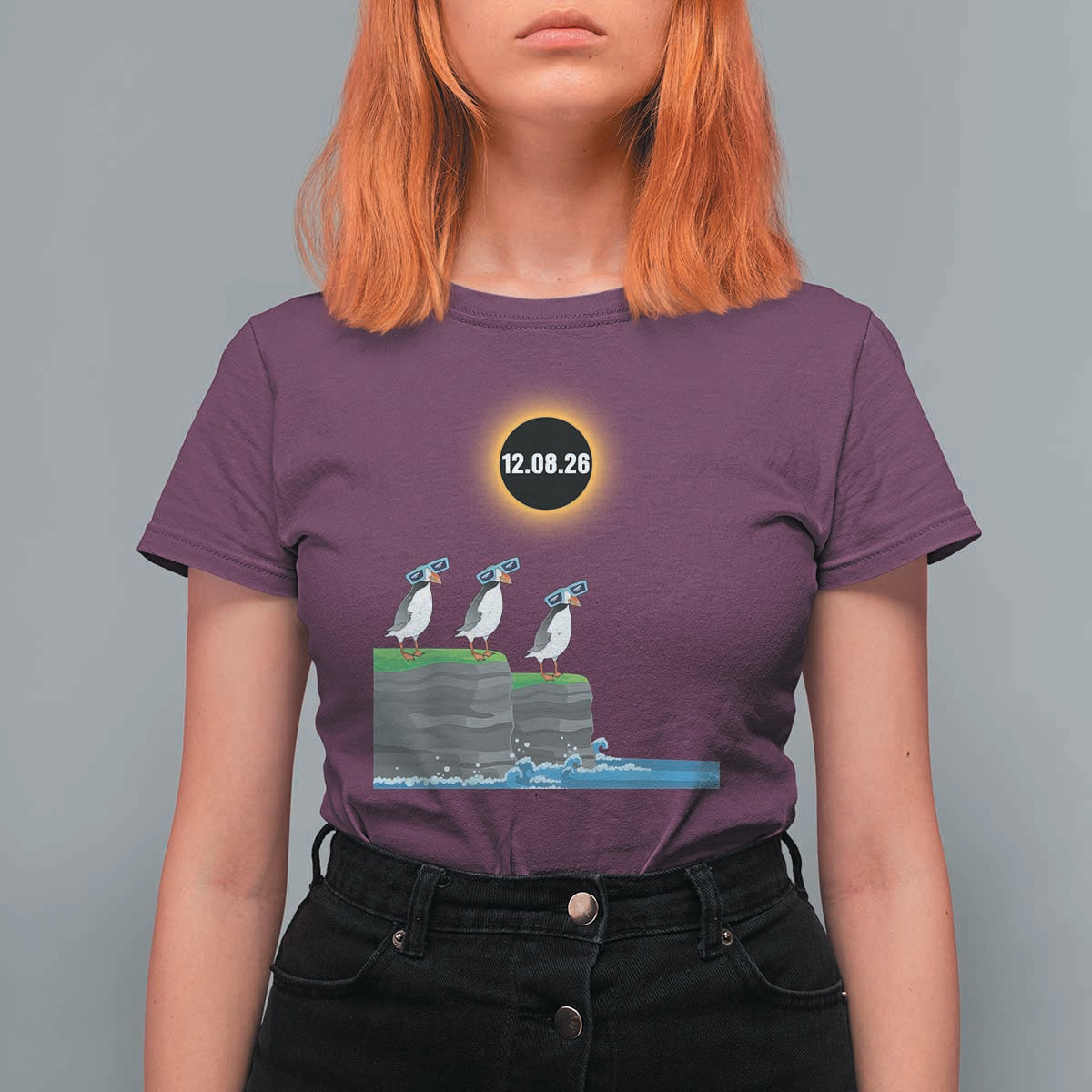 Cute Cartoon Puffins 2026 Total Solar Eclipse T Shirt For Women August 12 Totality Funny Astronomy Gift