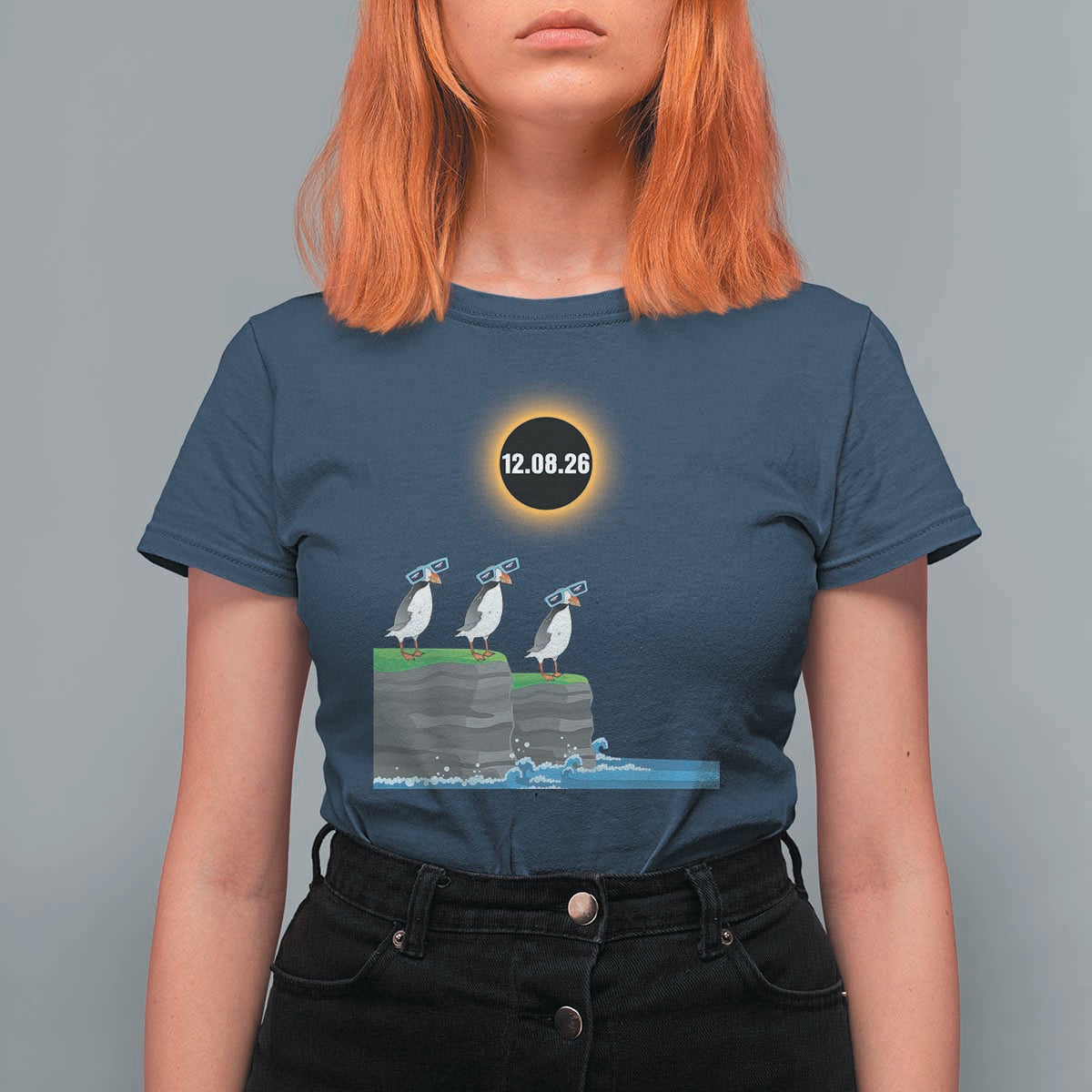 Cute Cartoon Puffins 2026 Total Solar Eclipse T Shirt For Women August 12 Totality Funny Astronomy Gift