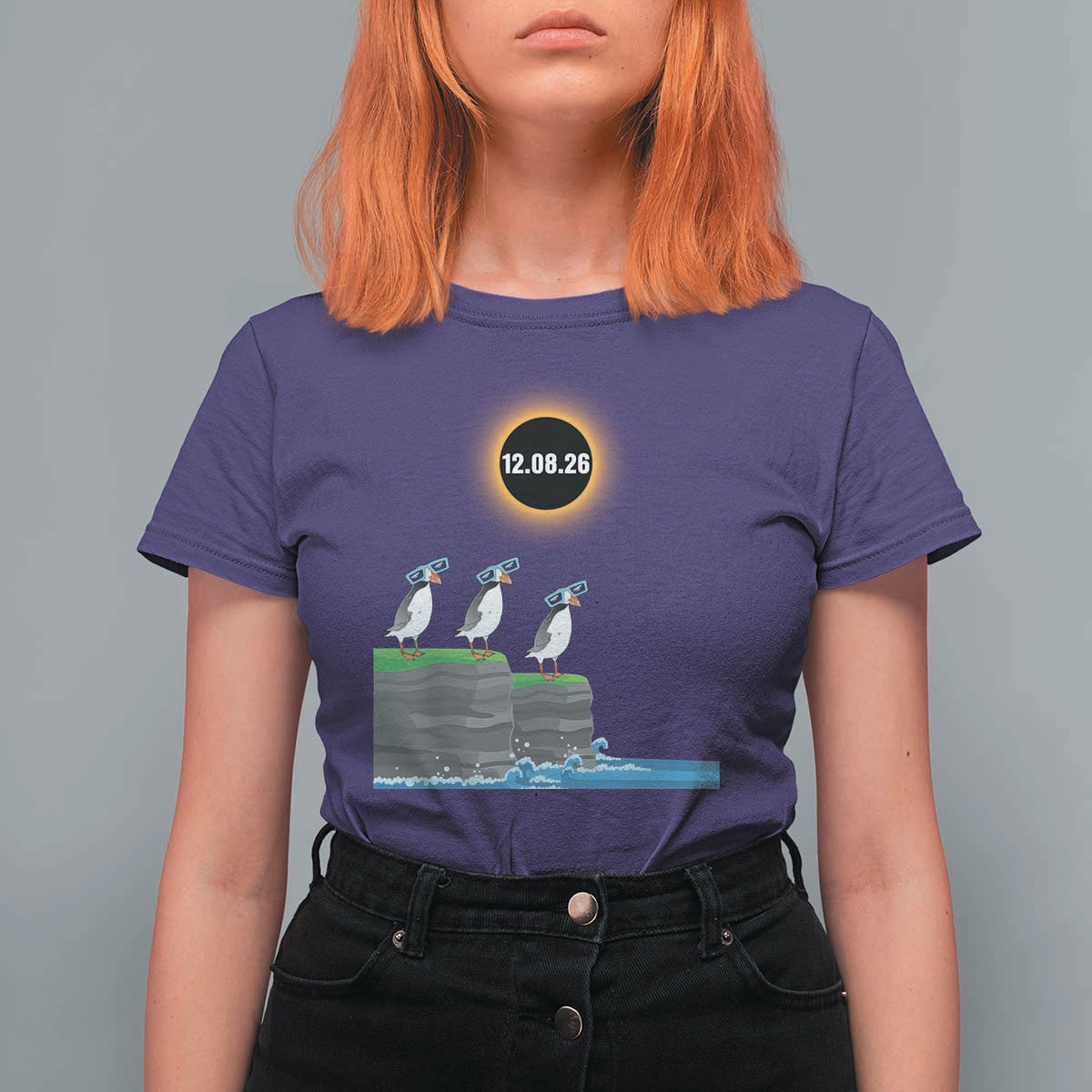 Cute Cartoon Puffins 2026 Total Solar Eclipse T Shirt For Women August 12 Totality Funny Astronomy Gift