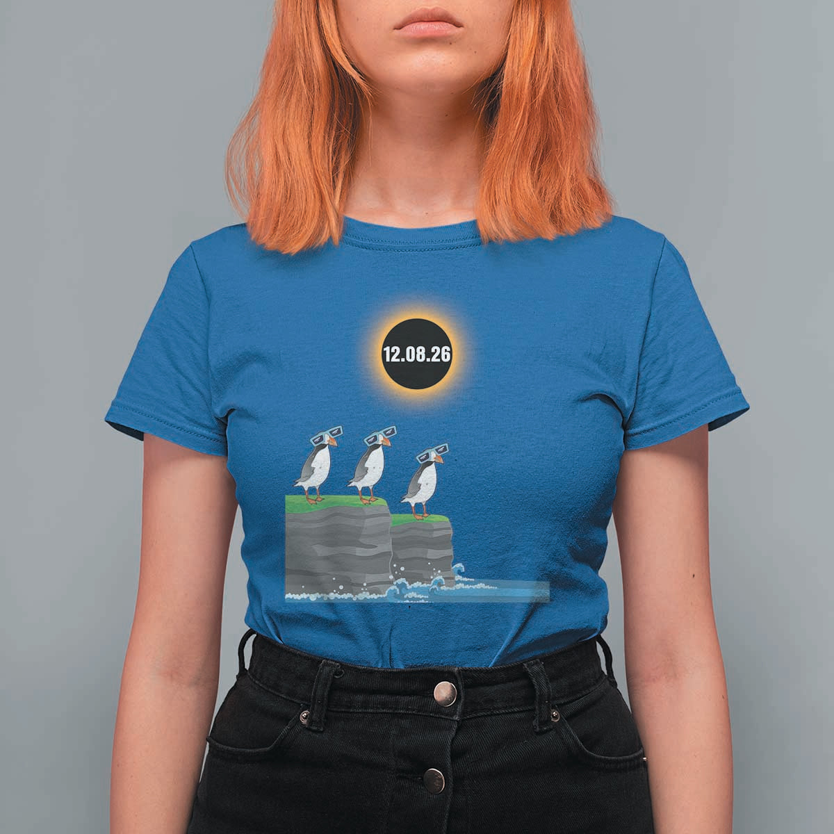 Cute Cartoon Puffins 2026 Total Solar Eclipse T Shirt For Women August 12 Totality Funny Astronomy Gift
