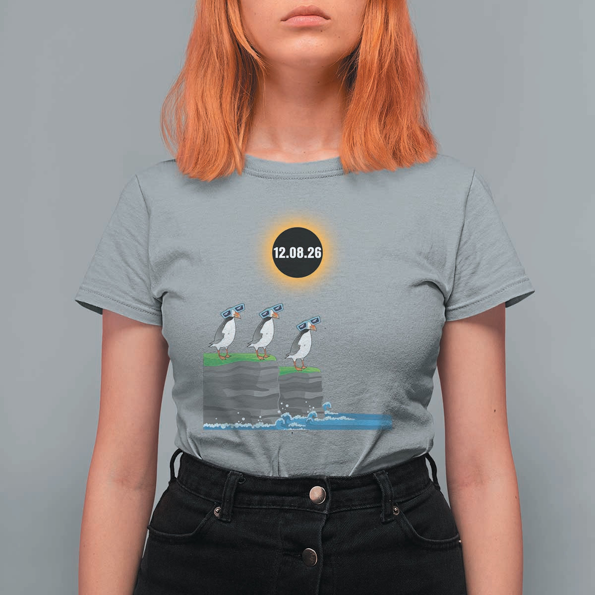 Cute Cartoon Puffins 2026 Total Solar Eclipse T Shirt For Women August 12 Totality Funny Astronomy Gift
