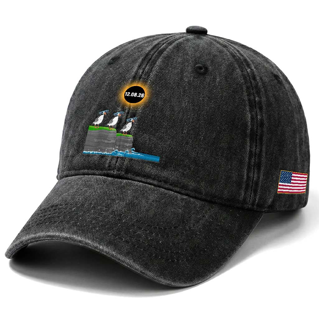 Cute Cartoon Puffins 2026 Total Solar Eclipse Washed Cotton Baseball Cap August 12 Totality Funny Astronomy Gift