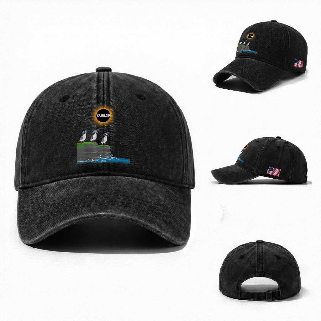 Cute Cartoon Puffins 2026 Total Solar Eclipse Washed Cotton Baseball Cap August 12 Totality Funny Astronomy Gift
