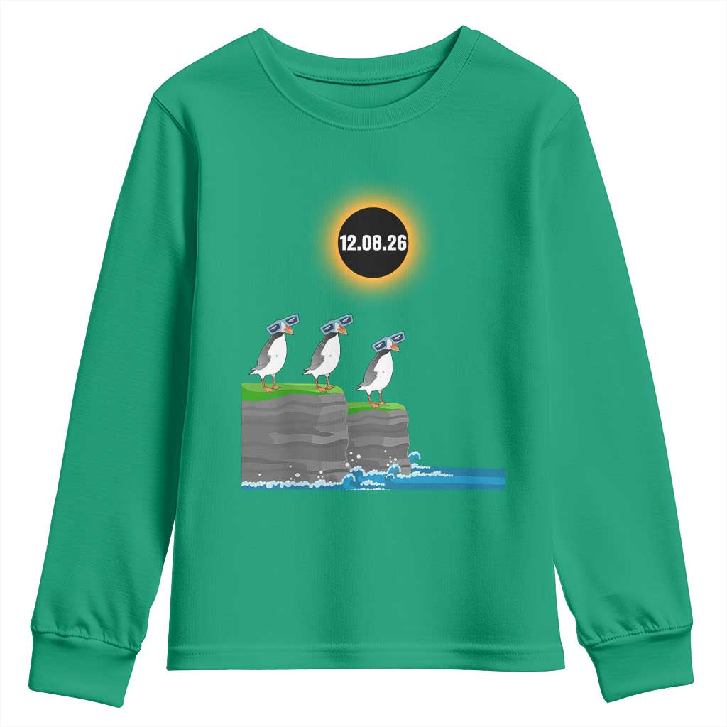 Cute Cartoon Puffins 2026 Total Solar Eclipse Youth Sweatshirt August 12 Totality Funny Astronomy Gift