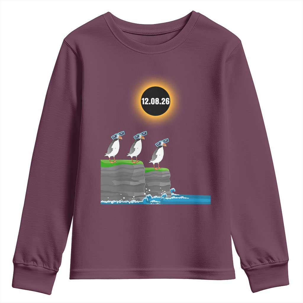 Cute Cartoon Puffins 2026 Total Solar Eclipse Youth Sweatshirt August 12 Totality Funny Astronomy Gift