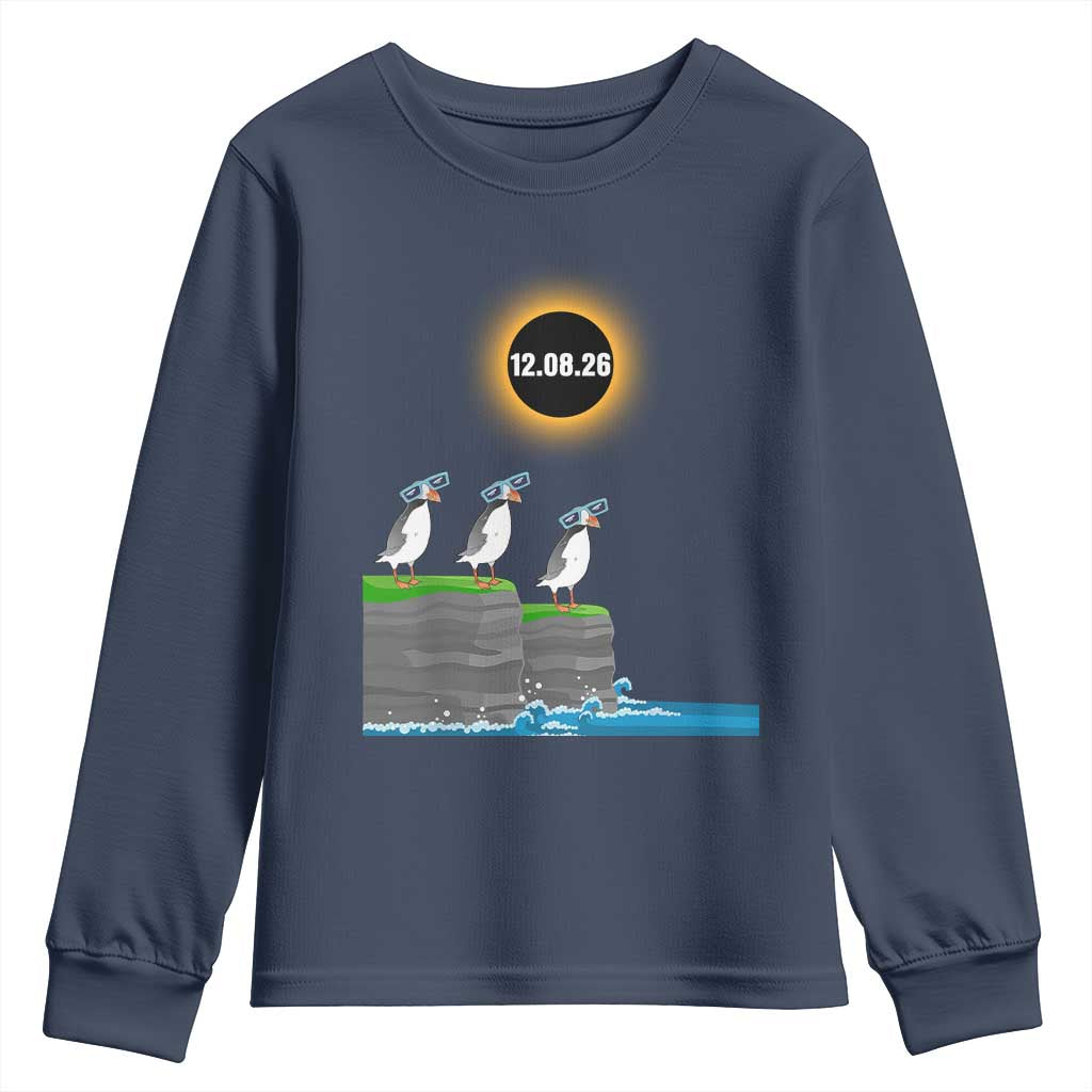 Cute Cartoon Puffins 2026 Total Solar Eclipse Youth Sweatshirt August 12 Totality Funny Astronomy Gift