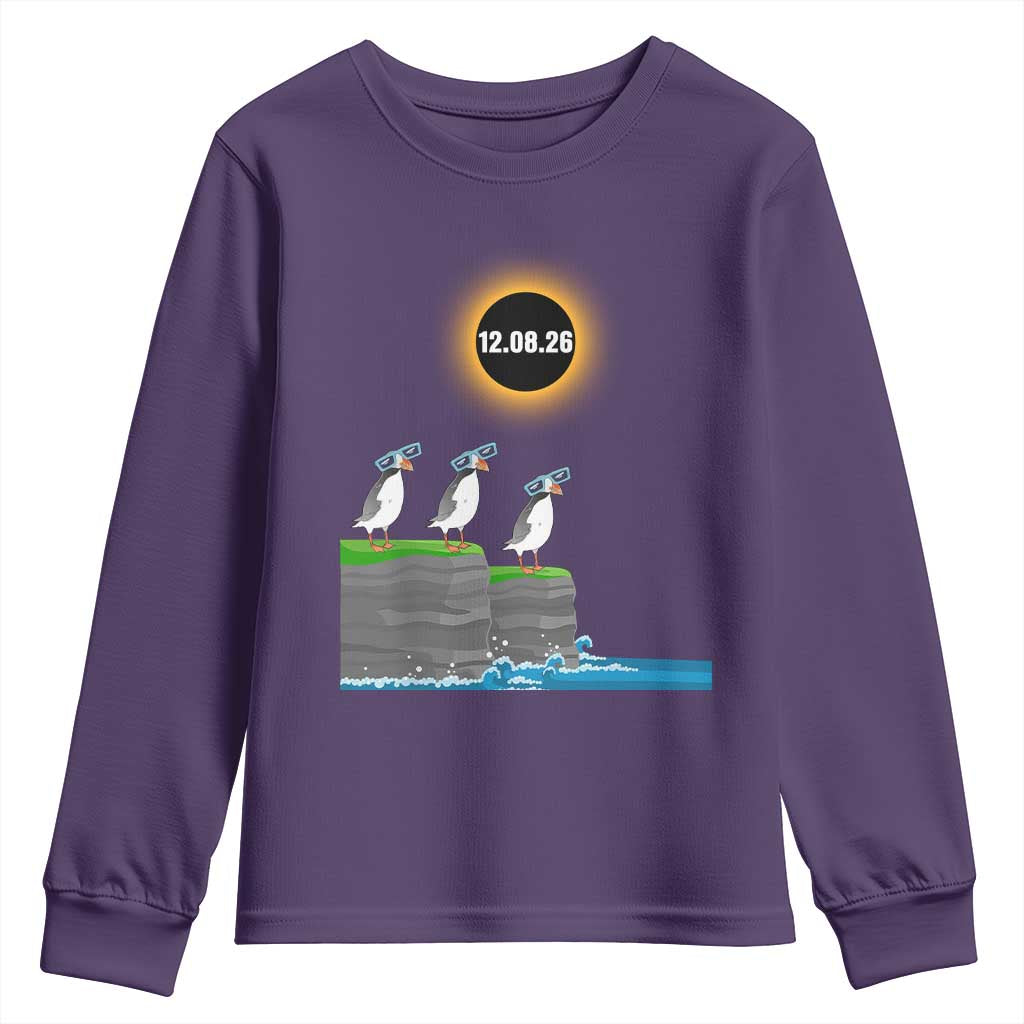 Cute Cartoon Puffins 2026 Total Solar Eclipse Youth Sweatshirt August 12 Totality Funny Astronomy Gift