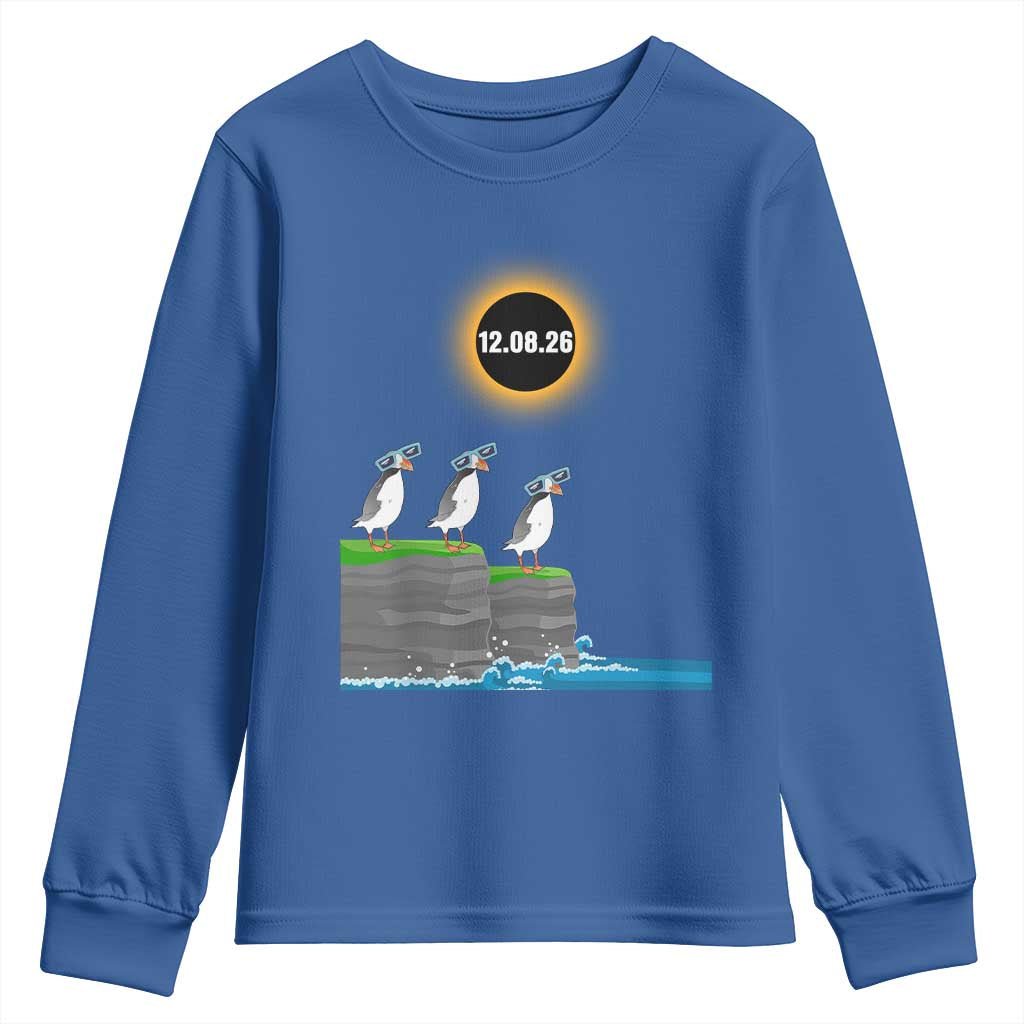 Cute Cartoon Puffins 2026 Total Solar Eclipse Youth Sweatshirt August 12 Totality Funny Astronomy Gift