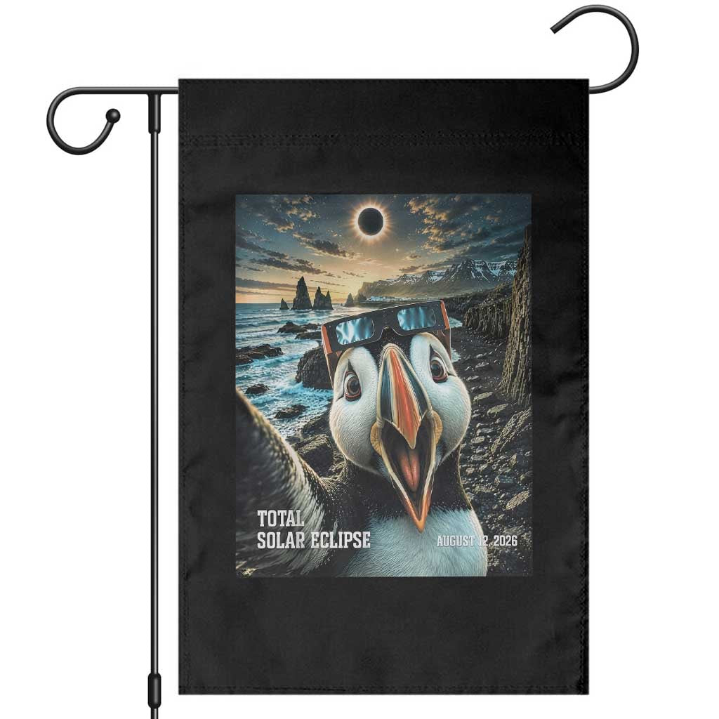 Puffin Selfie August 12 2026 Total Solar Eclipse Garden Flag Funny Totality Photographic Astronomy Souvenir