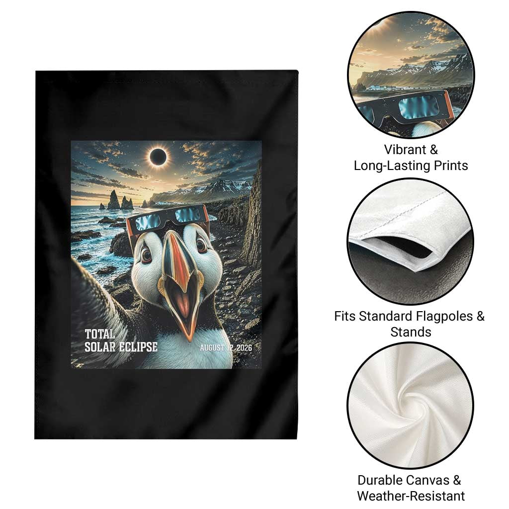 Puffin Selfie August 12 2026 Total Solar Eclipse Garden Flag Funny Totality Photographic Astronomy Souvenir