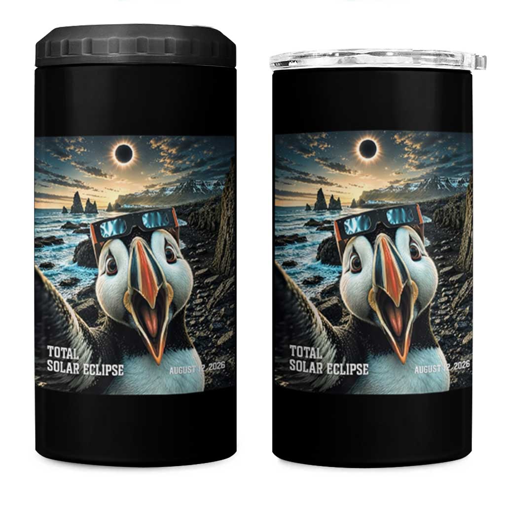 Puffin Selfie August 12 2026 Total Solar Eclipse 4 in 1 Can Cooler Tumbler Funny Totality Photographic Astronomy Souvenir