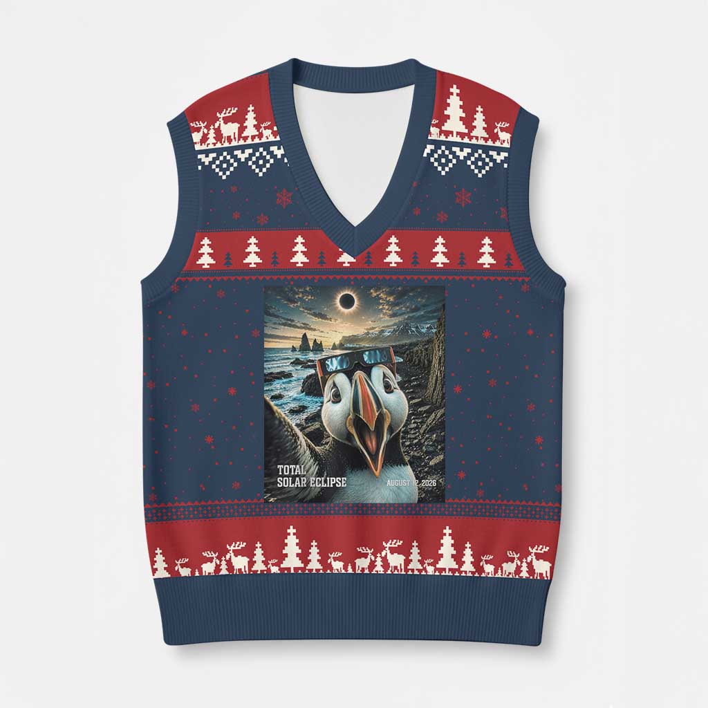 Puffin Selfie August 12 2026 Total Solar Eclipse V-Neck Knit Sweater Vest Funny Totality Photographic Astronomy Souvenir