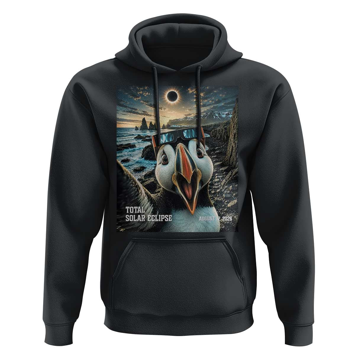 Puffin Selfie August 12 2026 Total Solar Eclipse Hoodie Funny Totality Photographic Astronomy Souvenir
