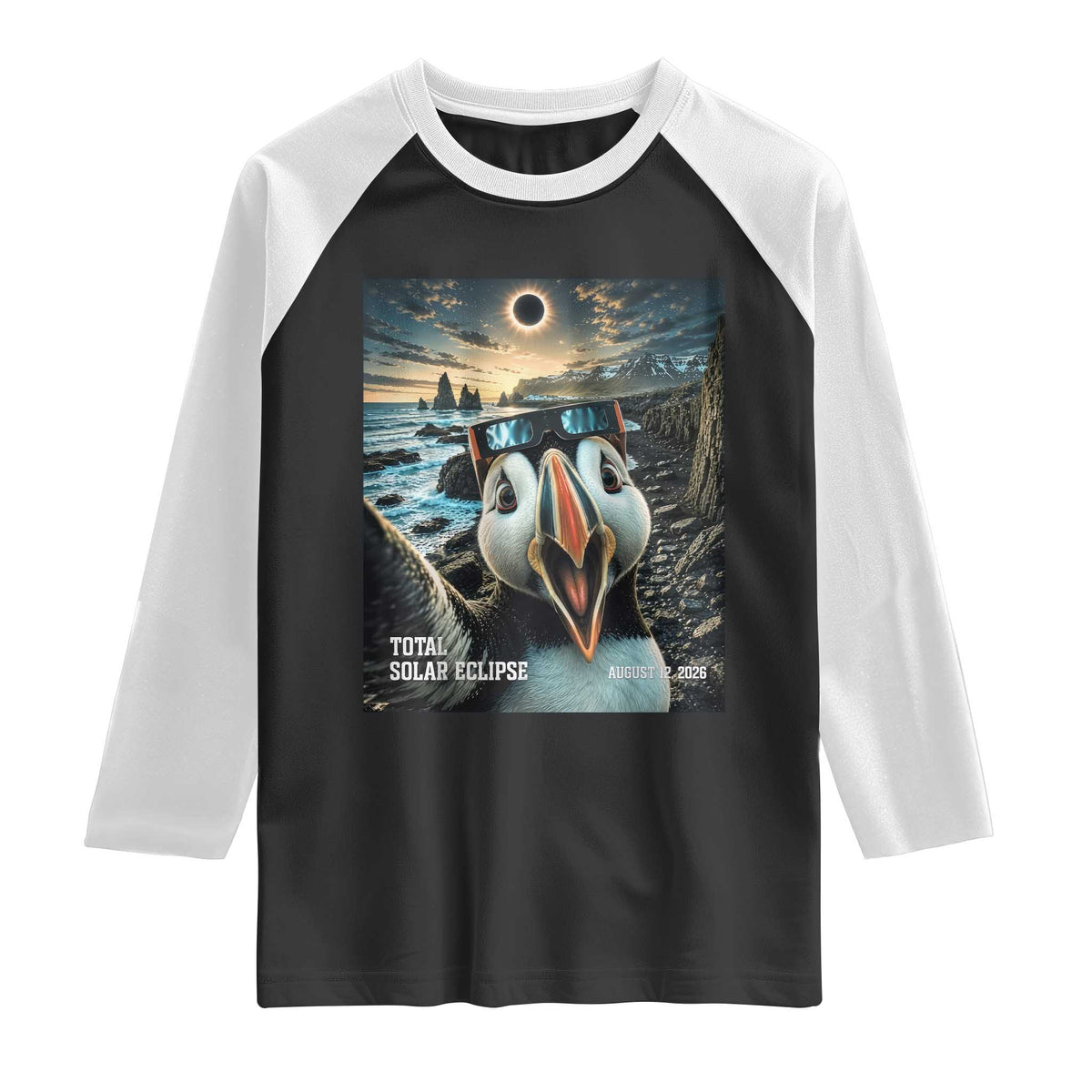 Puffin Selfie August 12 2026 Total Solar Eclipse Raglan Shirt Funny Totality Photographic Astronomy Souvenir