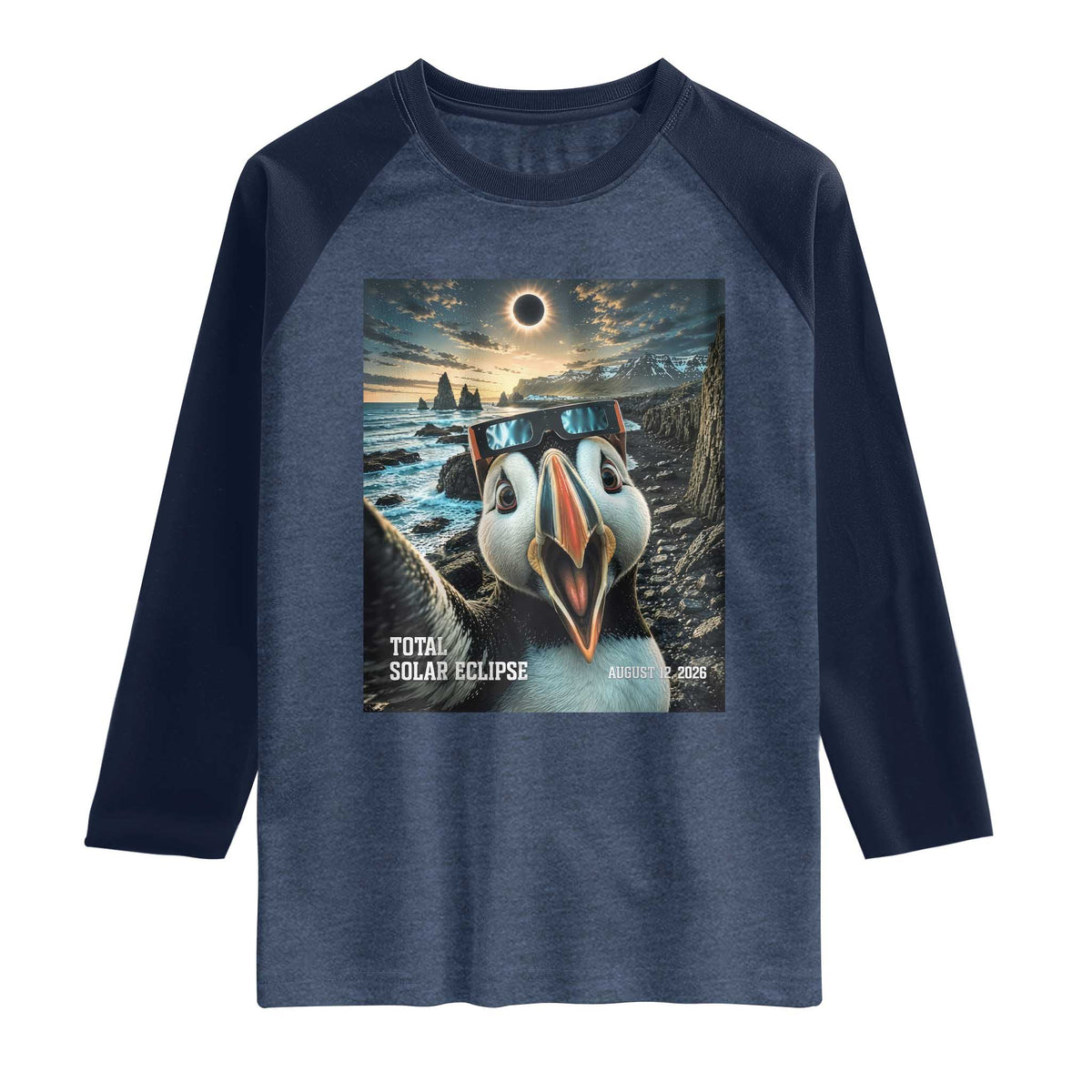 Puffin Selfie August 12 2026 Total Solar Eclipse Raglan Shirt Funny Totality Photographic Astronomy Souvenir