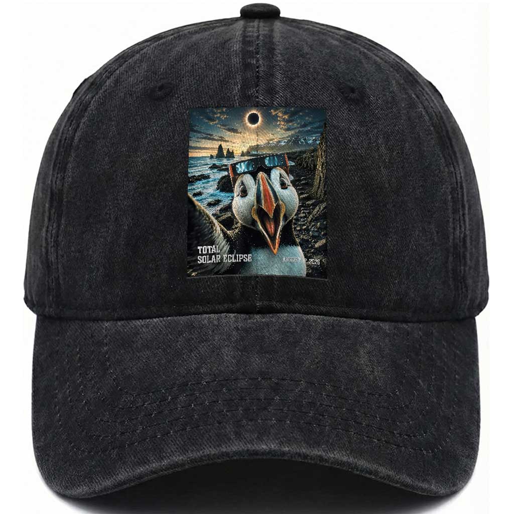 Puffin Selfie August 12 2026 Total Solar Eclipse Washed Cotton Baseball Cap Funny Totality Photographic Astronomy Souvenir