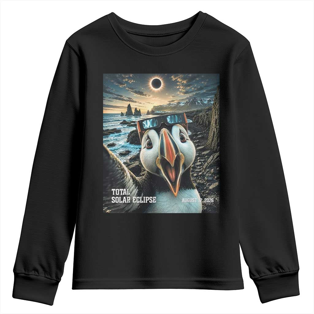 Puffin Selfie August 12 2026 Total Solar Eclipse Youth Sweatshirt Funny Totality Photographic Astronomy Souvenir