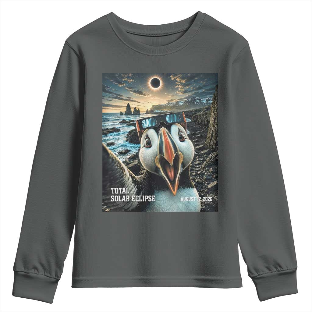 Puffin Selfie August 12 2026 Total Solar Eclipse Youth Sweatshirt Funny Totality Photographic Astronomy Souvenir